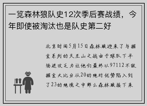 一览森林狼队史12次季后赛战绩，今年即使被淘汰也是队史第二好